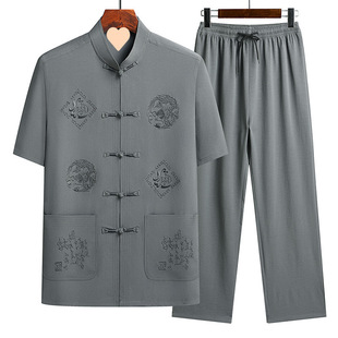 Tang Suit Men's Ice Silk Short-Sleeved Suit Dad's Summer Suit New Chinese Style Clothes Middle-Aged and Elderly Men's Clothing Two-Piece Suit