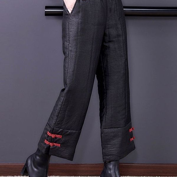 新中式羽绒裤盘扣民族风绣花棉裤女士棉裤大码宽松直筒休闲裤外穿