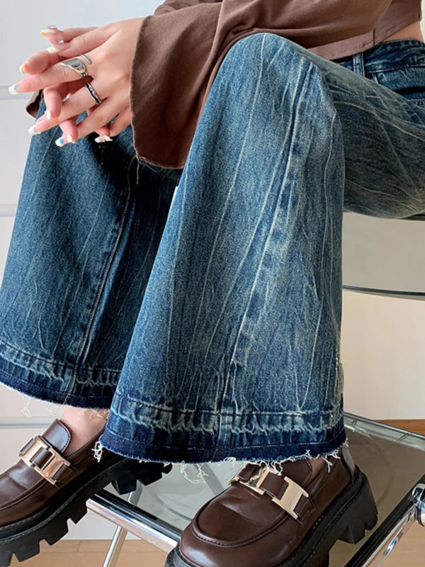 大码美式微喇牛仔裤女秋季胖mm复古设计感高腰宽松不贴腿喇叭裤子|undefined
