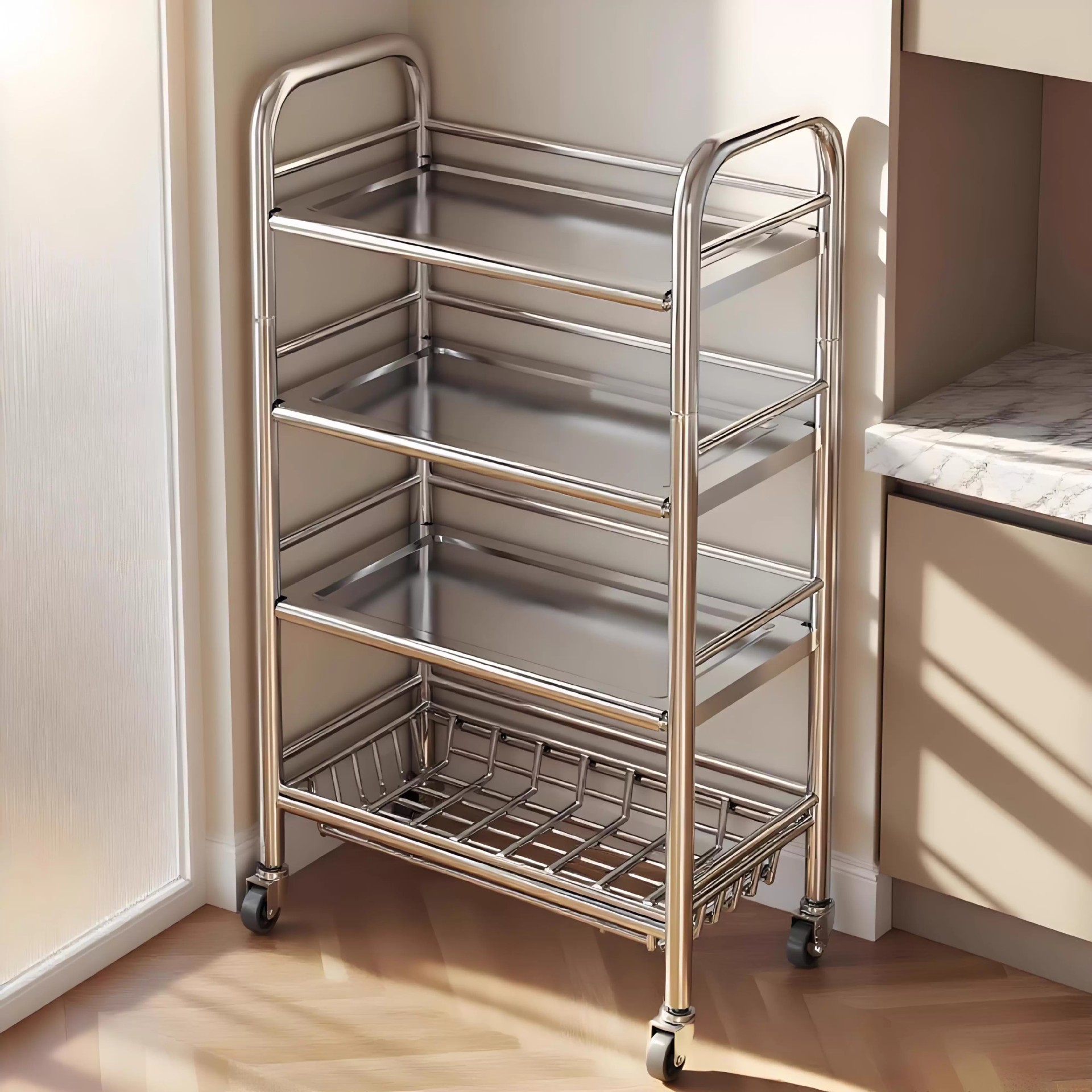 Estante de almacenamiento de acero inoxidable de cocina multicapa de cestas de vegetales de piso multifuncional de almacenamiento de carro pequeño estante de almacenamiento de microondas