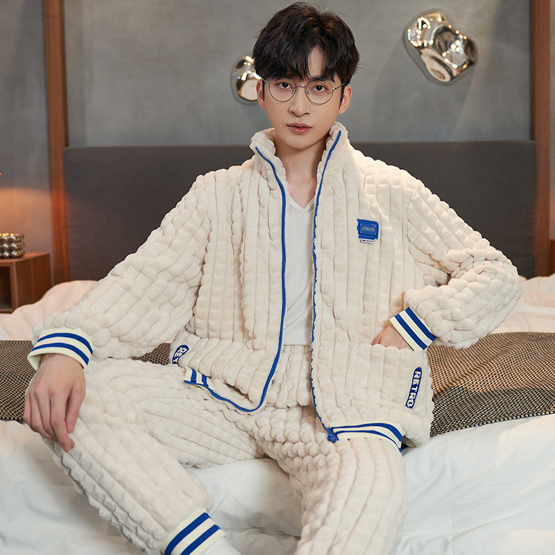 (2개) 겨울 산호 벨벳 남성용 잠옷, 남성용 새 스타일 플러스 벨벳, 두껍고 뚱뚱한 플러스 사이즈 플란넬 가정복 세트