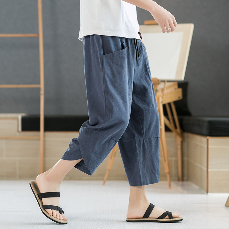 Men's Cropped Trousers Summer Thin Linen Shorts Men's Casual Breeches Large Size Loose Men's Trousers Cotton and Linen Beach Pants