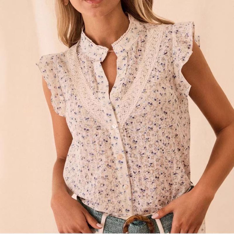 Cross-Border Amazon Ins2026 New Product Women's Printed Small Floral Lace Patchwork Blouse with Small Flutter Sleeves Cross-Border Amazon Ins2026 New Product Women's Printed Small Floral Lace Patchwork Blouse with Small Flutter Sleeves