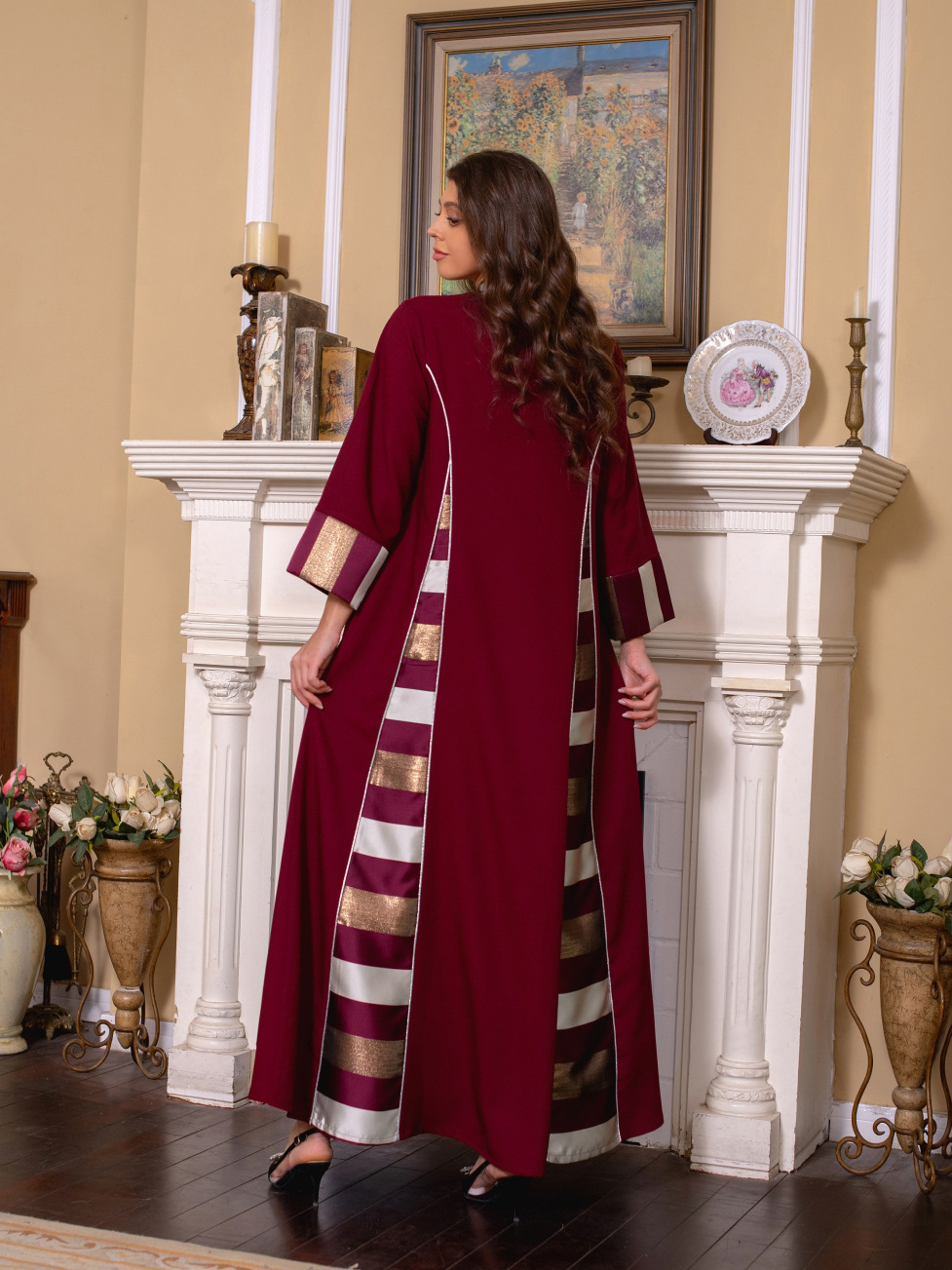 AB052跨境外贸中东女装绣花条纹abaya穆斯林阿拉伯迪拜muslim长袍详情7