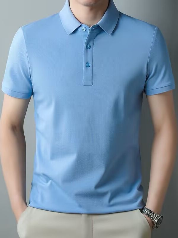 Camisa de polo de comercio exterior de seda de morera Camiseta de manga corta para hombre verano negocios de mediana edad más tamaño solapa color sólido ropa de hombre suelta