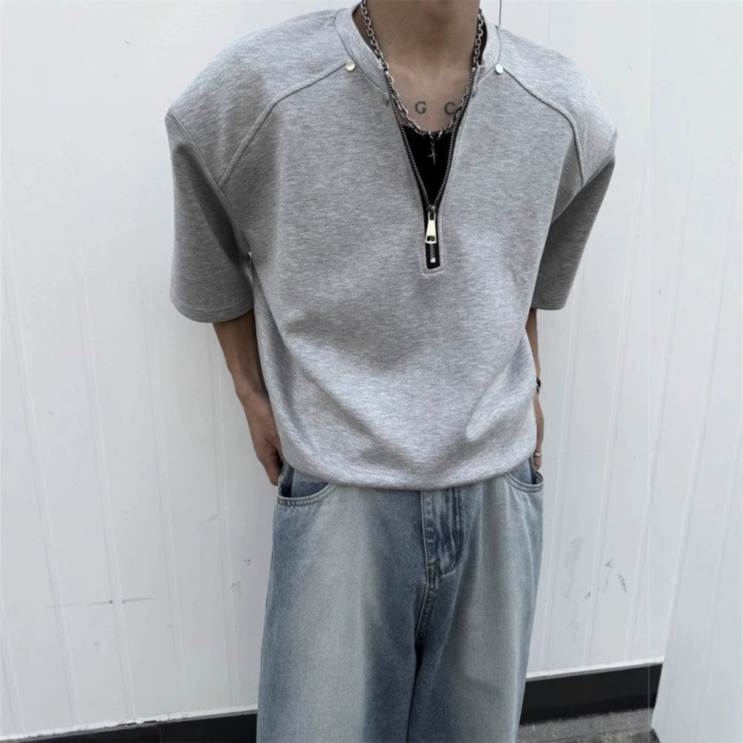 Серый тяжелый пол-молния дизайн чувственный футболка мужской наплечный американский высокий улица cleanfit с короткими рукавами красивый семь очков рукава