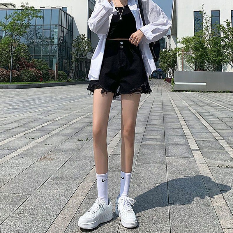 Black Ripped Denim Shorts Women's Summer New ins Double Buckle High Waist Mesh Infrared Wear Burr a-Shaped Wide-Leg Hot Pants