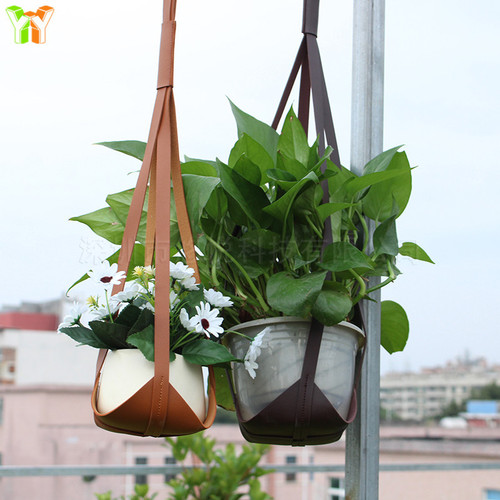 Aerial hanging plant tray Indoor potted plant hanging basket flower stand hammock Leather hanging flower pot storage rope