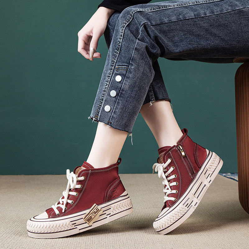 High-top sneakers Women's Spring New genuine leather thick bottom all-match flat casual shoes comfortable soft bottom lace-up muffin shoes
