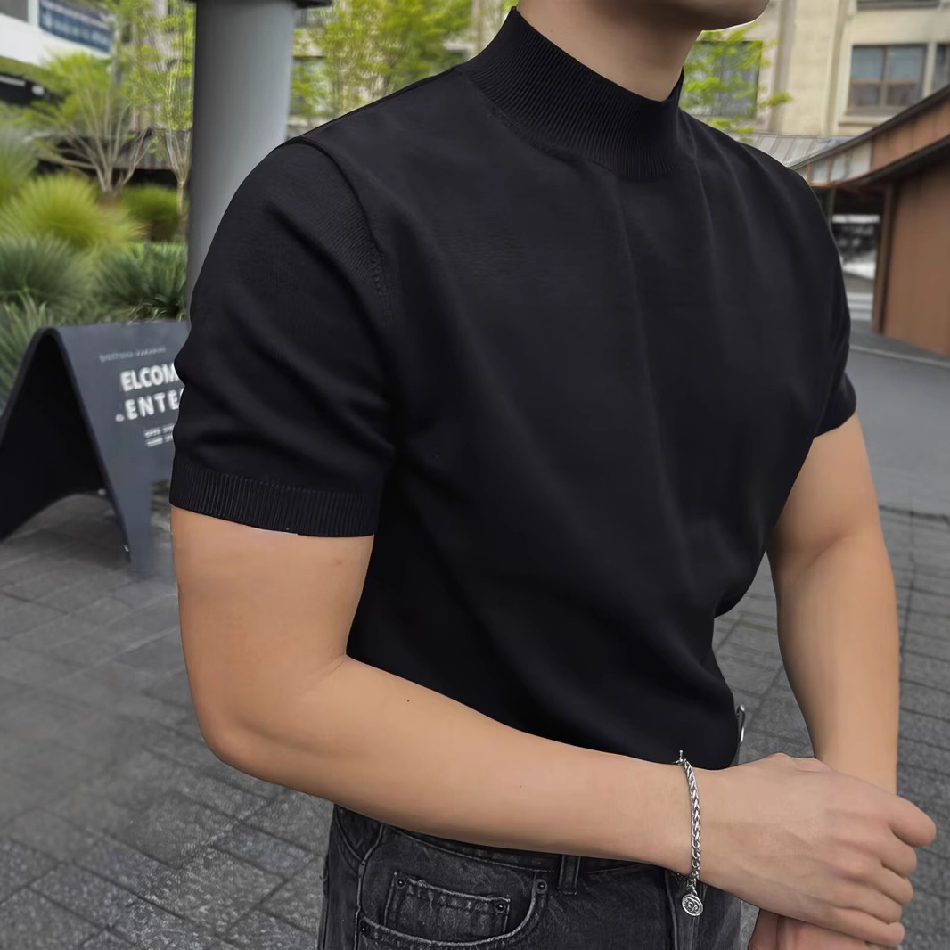 Half Turtleneck Short-Sleeved Sweater for Men in Autumn and Winter 2025 New High-Bottom Inner Mid-Collar Knitted Bottoming Shirt for Men