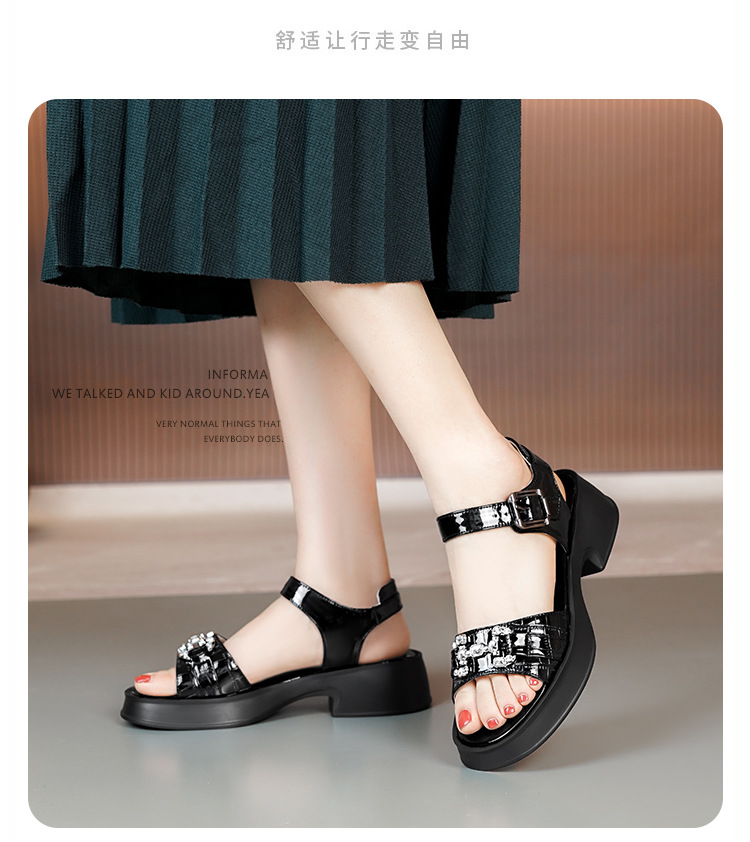 Sandal cao gót nữ da bò đế dày quai ngang đính đá — màu đen chi tiết 6