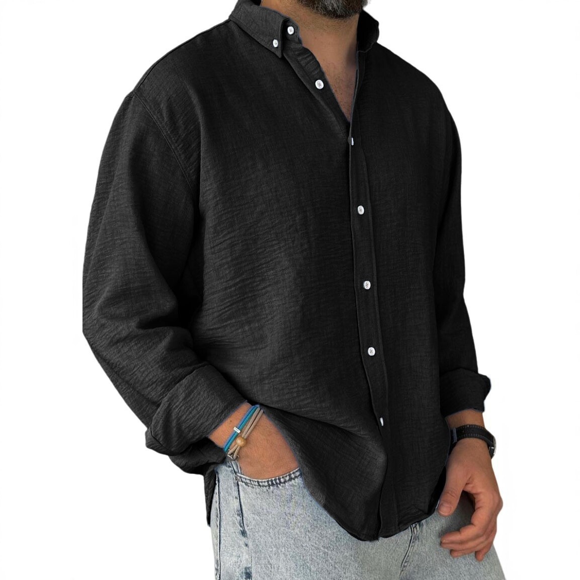 2025 Fall/Winter New Brushed Shirt, European And American Style, Solid Color, Turn-down Collar, Long Sleeve, Men's_voghion.com
