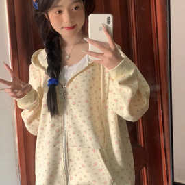 美式碎花复古满印甜美防晒拉链连帽宽松卫衣新款休闲开衫上衣外套