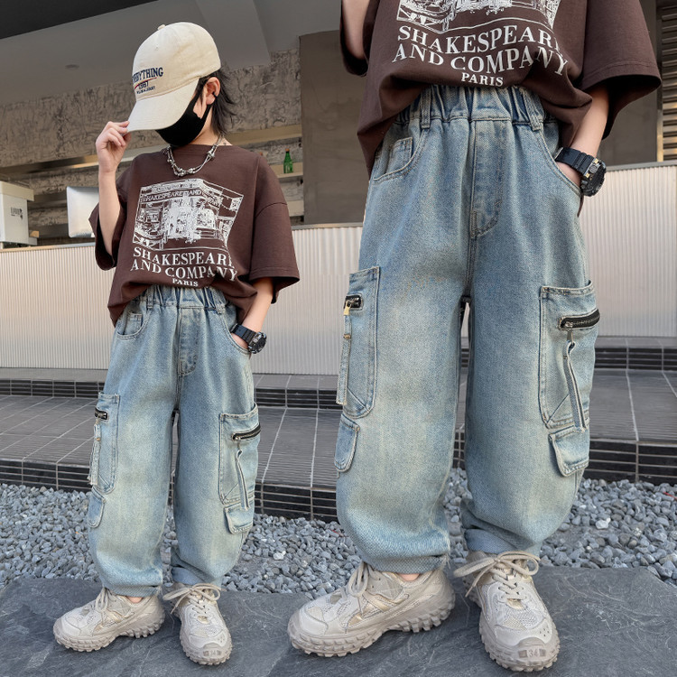 A502 Boys Denim Pocket Zipper Workwear Wide Leg Pants New Children's Miscellaneous European And American Jeans_voghion.com