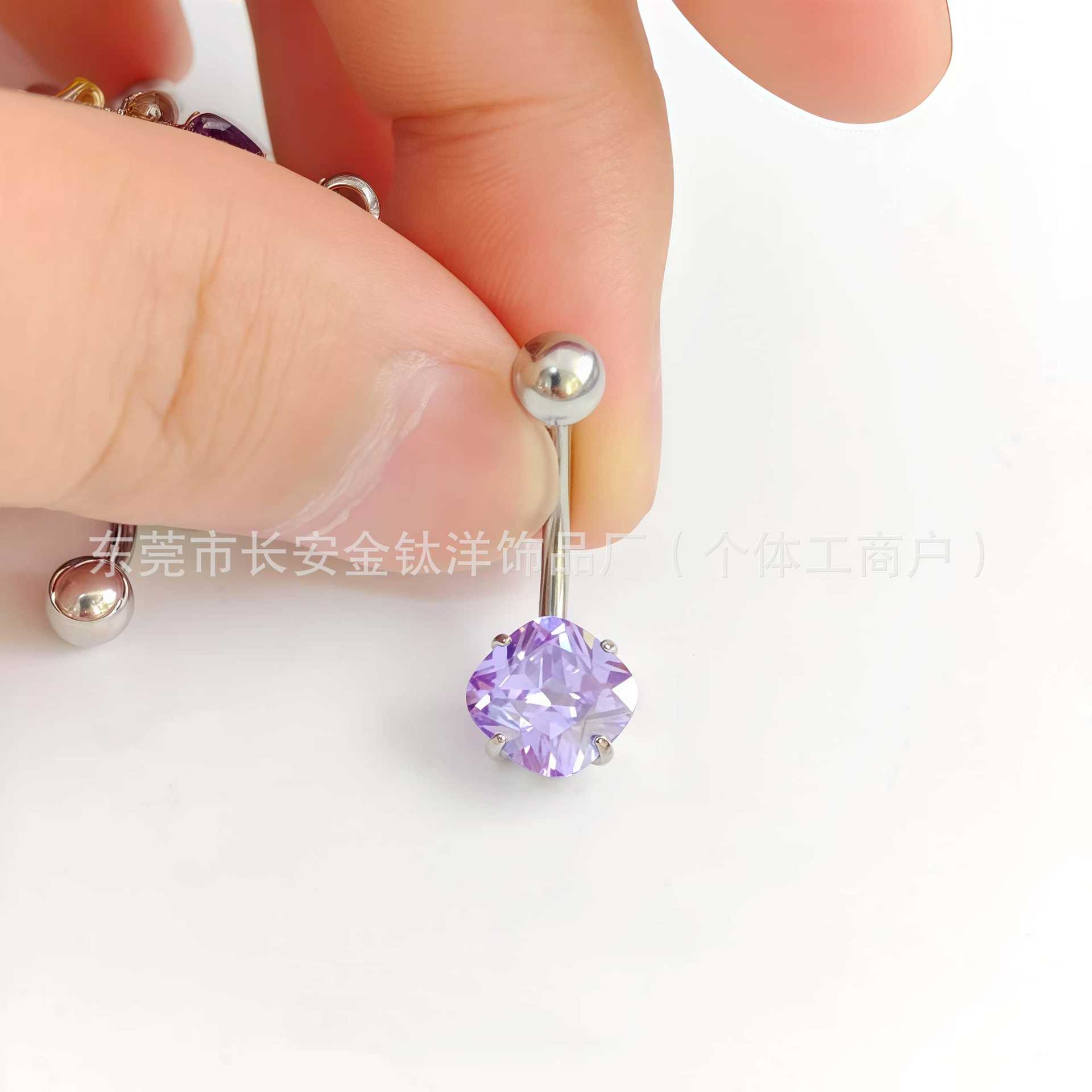 F136 Titanium Internal Thread Fat Square Zirconium Ball Curved Rod Navel Ring Belly Button Ring G23 Titanium Alloy Body Piercing Jewelry detail image 7