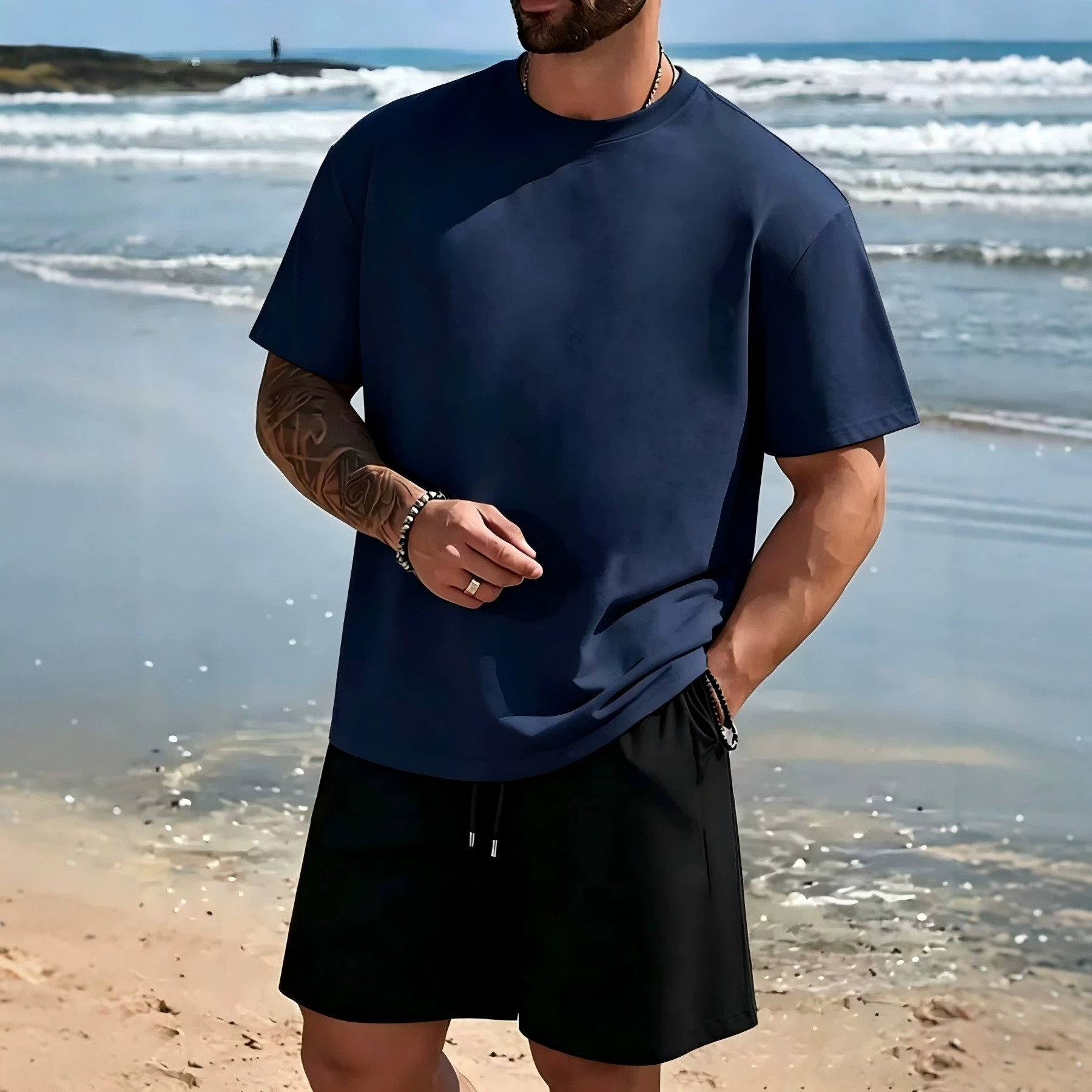 Fábrica de origen a través de la frontera para hacer un modelo de verano para hombres traje casual camiseta de color sólido manga corta manga deportiva