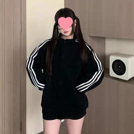 立领拉链 三条杠#长袖卫衣女潮秋季新款宽松外套上衣