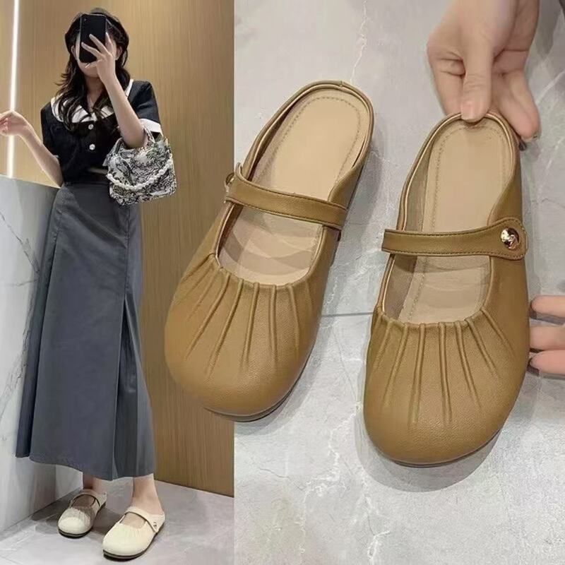 New Four Seasons Women's Shoes Mueller Women's Shoes Pleated Appearance Baotou Half Drag with Side Small Gold Beads Wedge Fashion Women's Shoes