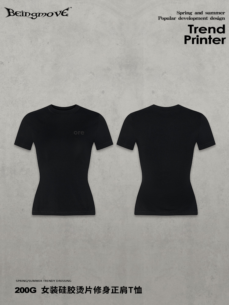 Calle secada| Marca de moda europea y americana simple personalidad de viaje caliente camiseta delgada de hombro negro elástico de manga corta delgada image 3