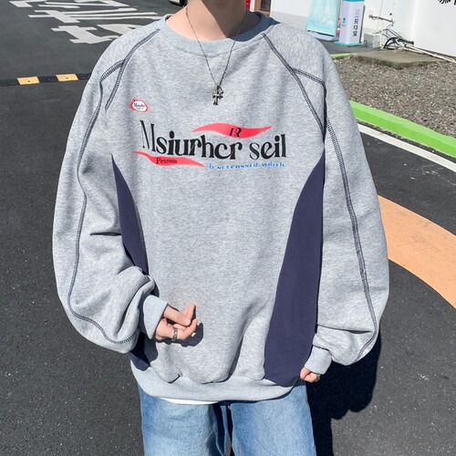 Autumn American niche couple top oversize loose retro print contrast color round collar sweater women's trend