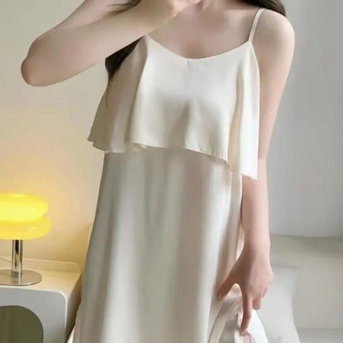 Summer Thin Ice Silk Mid-length Patchwork Lace Large Size Plus Size Belly Covering Sleeveless Home Wear Suspender Nightdress Women's Trendy