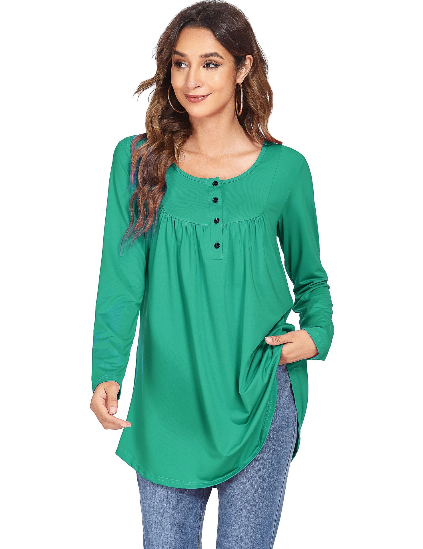 2021夏季新款独立站亚马逊爆款外贸女装四纽扣褶皱长袖T恤上衣