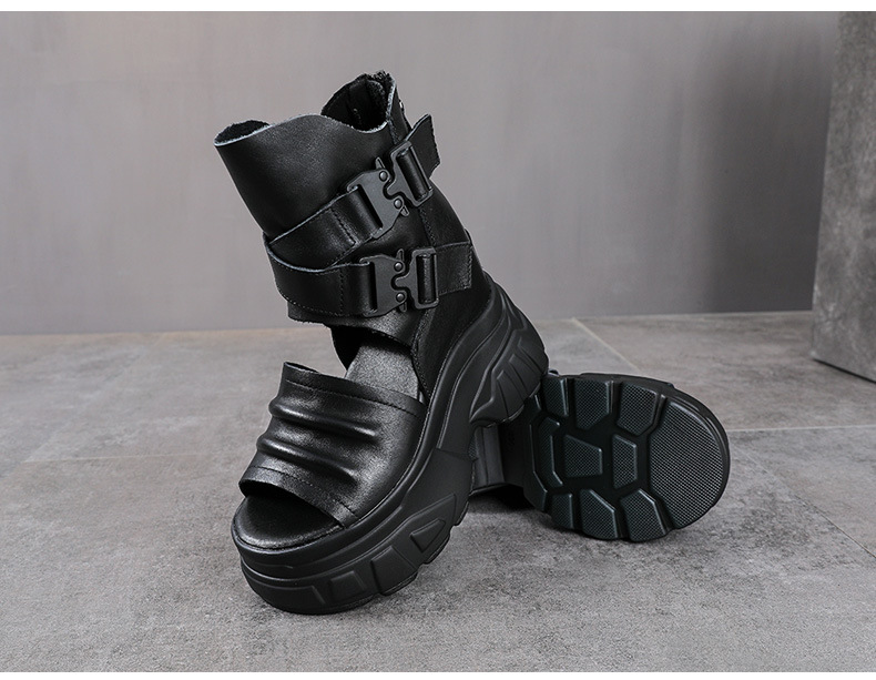 Sandal cao gót nữ da bò thật đế xuồng hở mũi phong cách La Mã — màu đen chi tiết 11