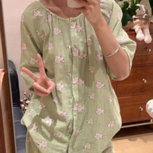 夏季双层棉纱可爱卡通小狗睡衣女短袖长裤宽松家居服套装