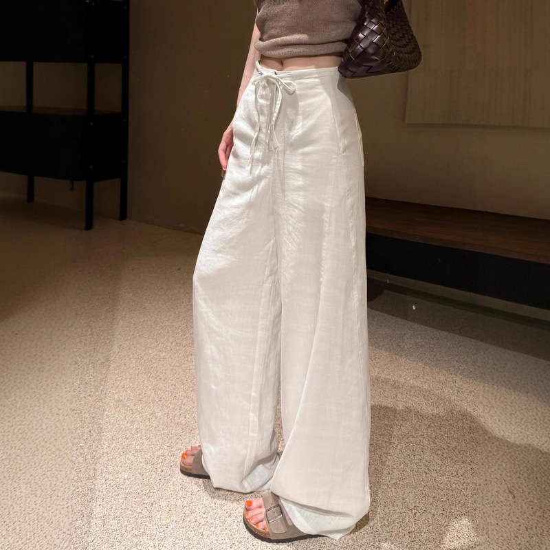 White Tencel Linen Wide-Leg Pants for Women, Summer Thin Cotton Linen Ramie Straight Casual Pants, Lazy Draping Floor-Length Trousers White Tencel Linen Wide-Leg Pants for Women, Summer Thin Cotton Linen Ramie Straight Casual Pants, Lazy Draping Floor-Length Trousers