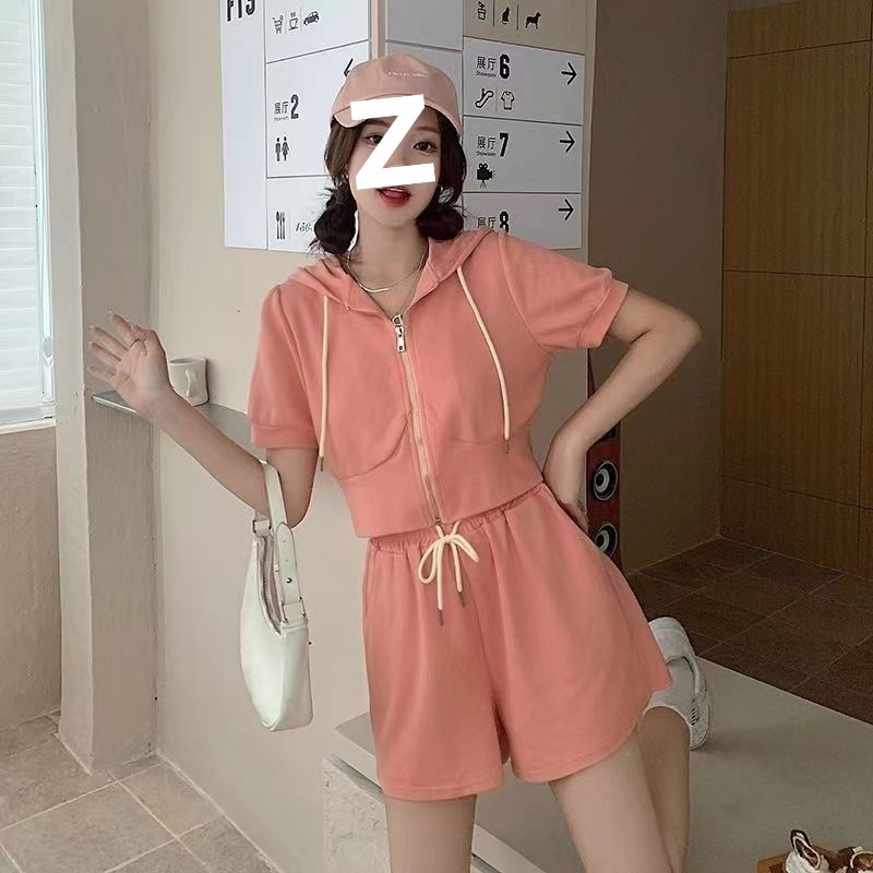 夏季新款连帽松紧腰短袖上衣阔腿短裤两件套女时尚休闲运动套装潮