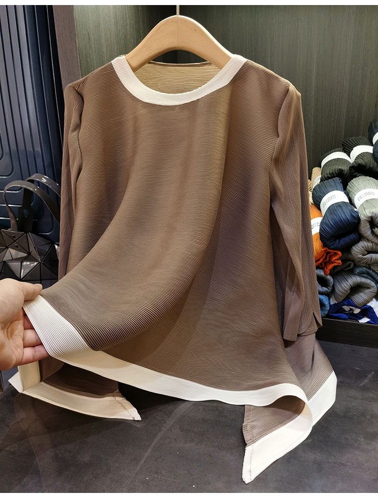 Áo thun nữ cổ tròn tay lỡ phối màu tương phản, dáng rộng xếp ly bất đối xứng — Màu xanh, Màu tím hồng, Màu đỏ hoa hồng, Màu hồng chi tiết 19