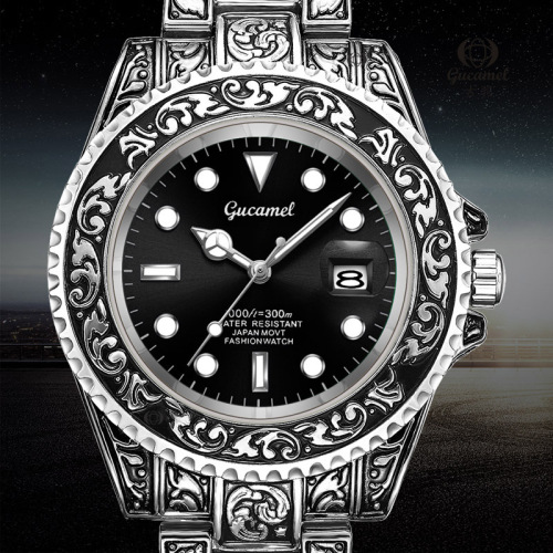 Ancient camel non-mechanical men's watch, vintage carved quartz watch, calendar watch, cross-border best-selling water ghost watch