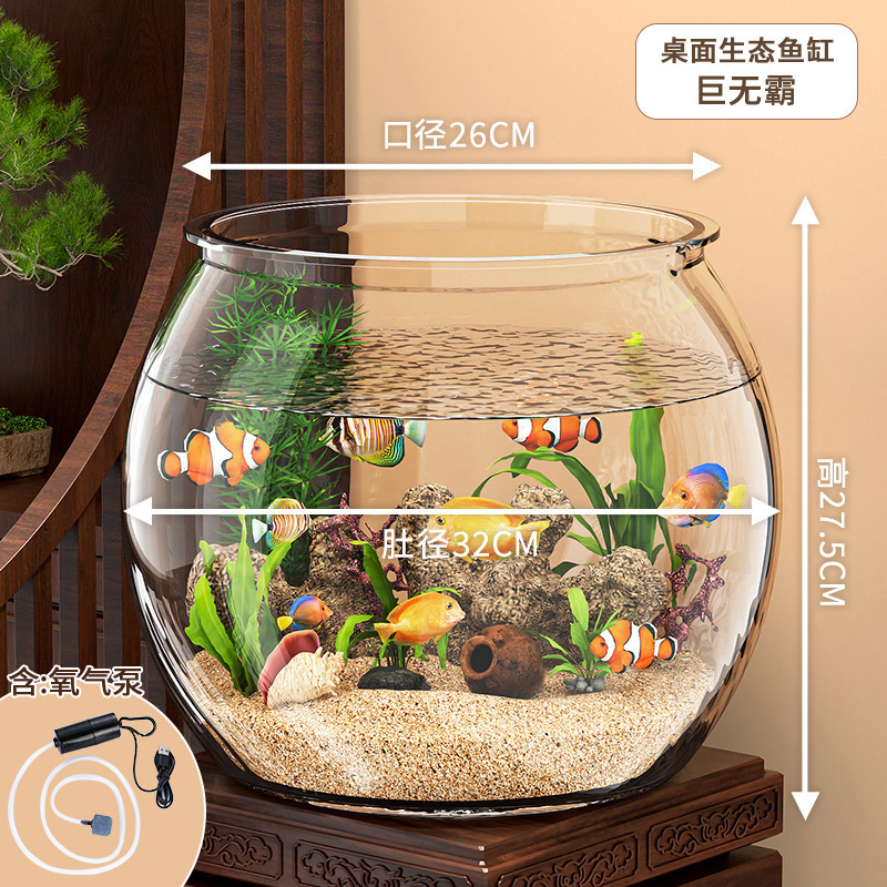 デスクトップ水槽、リビングルーム、小さな生態金魚水槽、オフィスデスク造園、丸型ベタ水槽、高透明カメ水槽|undefined