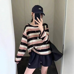 设计感小众正肩条纹长袖t恤女秋季内搭打底衫外穿宽松显瘦上衣服