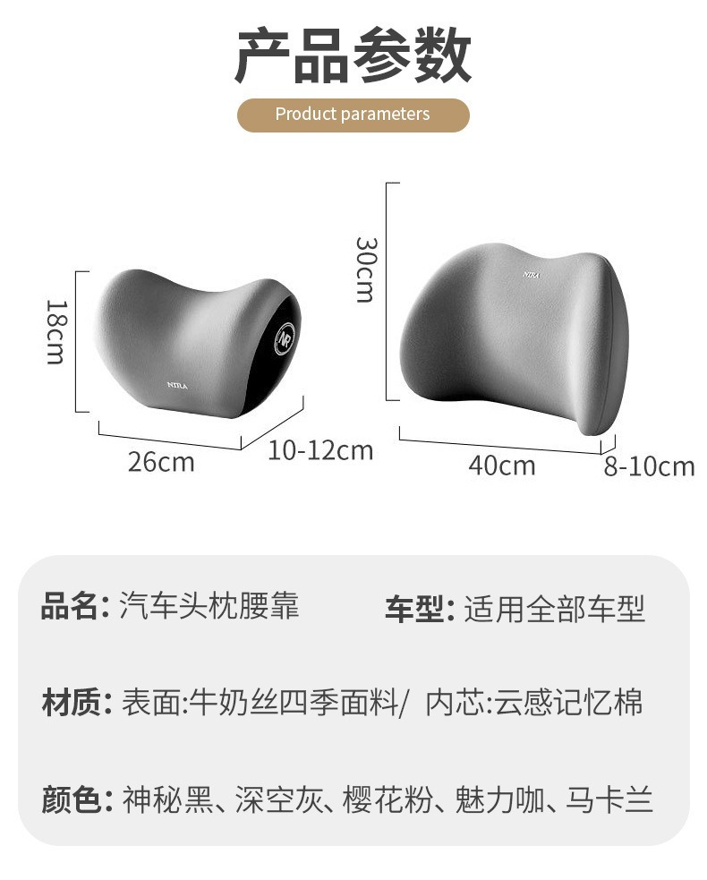 Car Headrest and Lumbar Support Memory Foam Neck Pillow Cushion Set for Car Interior