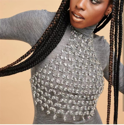 Women girls silver bling jazz dance bling mesh see through vest