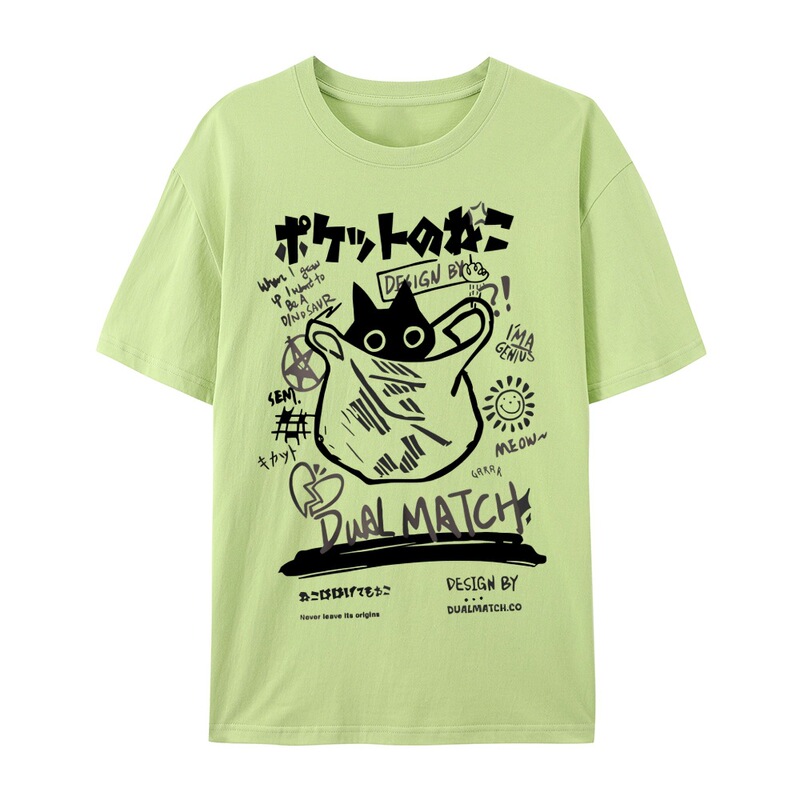 INS热销新款大眼黑色猫猫印花休闲夏季日常宽松圆领T恤男女同款|undefined