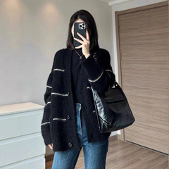 条纹黑色毛衣外套女2025秋冬新款宽松慵懒中长款加厚针织开衫上衣
