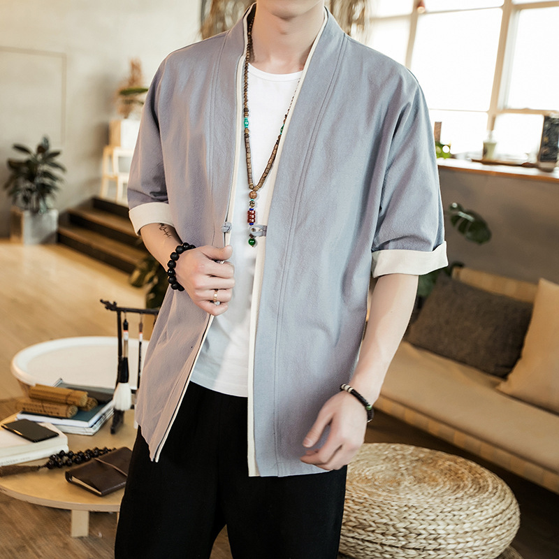 Verano Hanfu, cortavientos cortos de manga de cinco puntos para hombre, estilo étnico, servicio de té, cárdigan de capa china de manga media image 10
