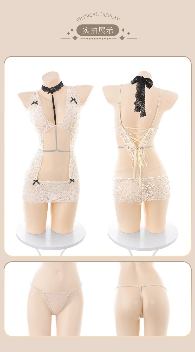 Feimu & Miji Sheer Lace Backless Nightgown with Straps, Deep-V Mesh Lingerie Set 6108 — detail image 17