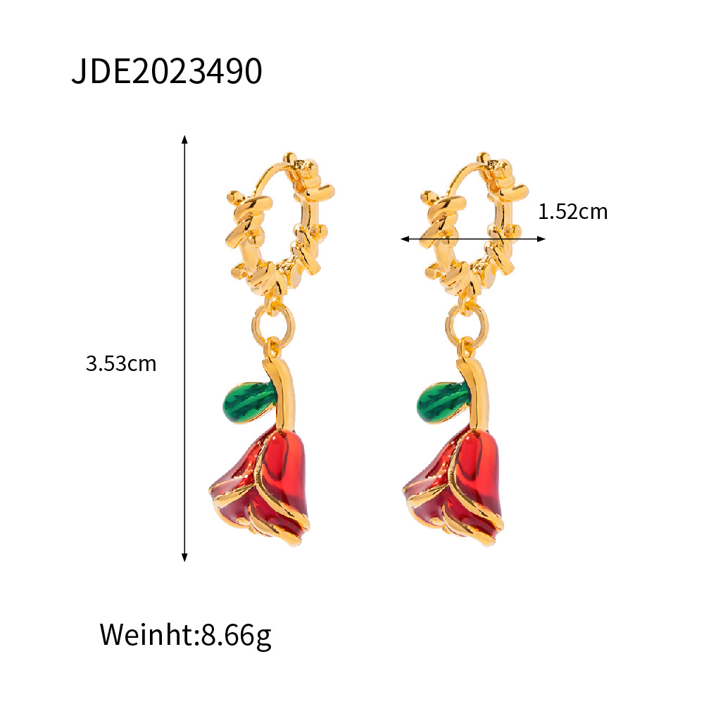 Retro Flower Copper Enamel Dangling Earrings 1 Pair