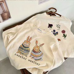 New Kids' Cotton Cute Girls' Long-Sleeve Korean Style Rabbit Print Casual T-Shirt Base Shirt Baby Top Trendy T