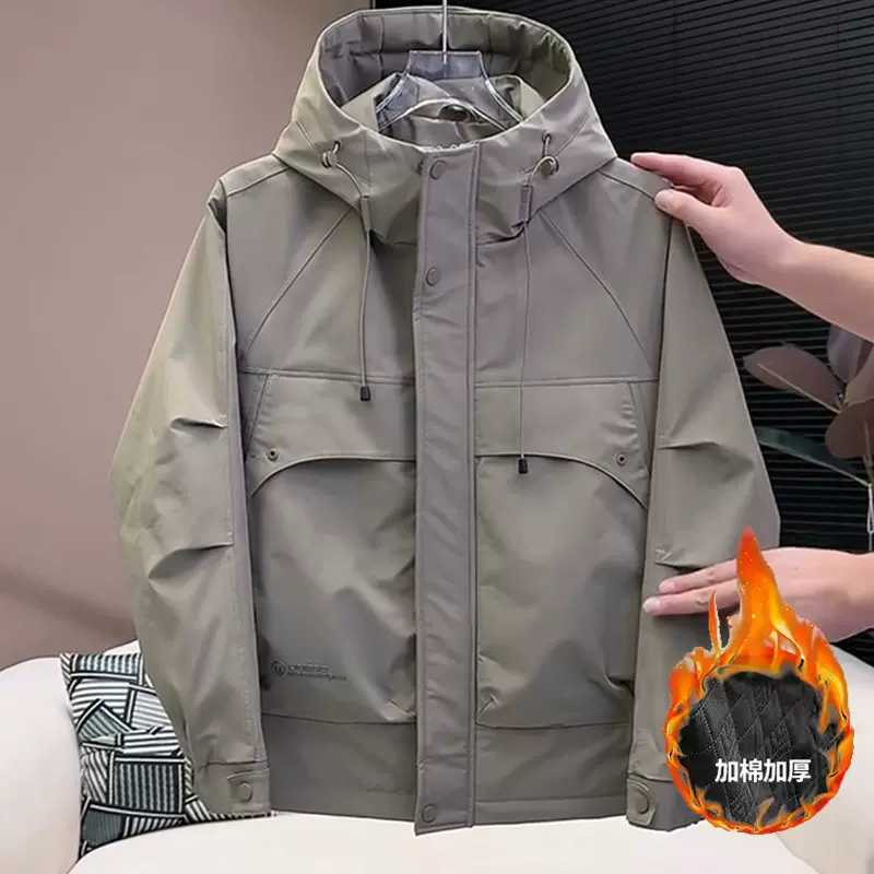 秋冬季新款男士冲锋衣夹棉夹克棉服2025加厚防风工装连帽二棉外套