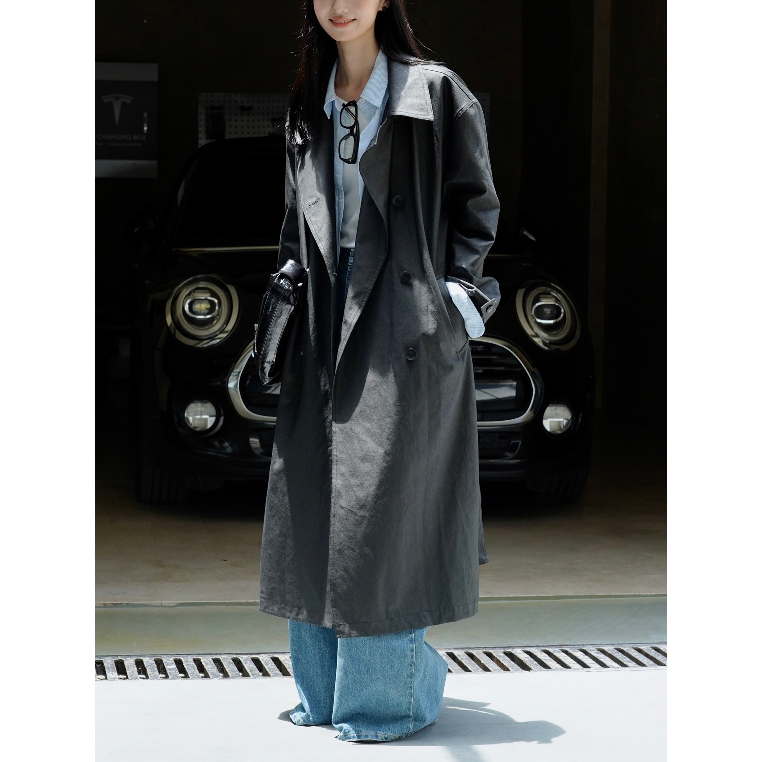 Autumn Heavyweight Korean Designer Scenery Coated Textured Lapel Waist Windbreaker Silhouette Casual Long Outwear