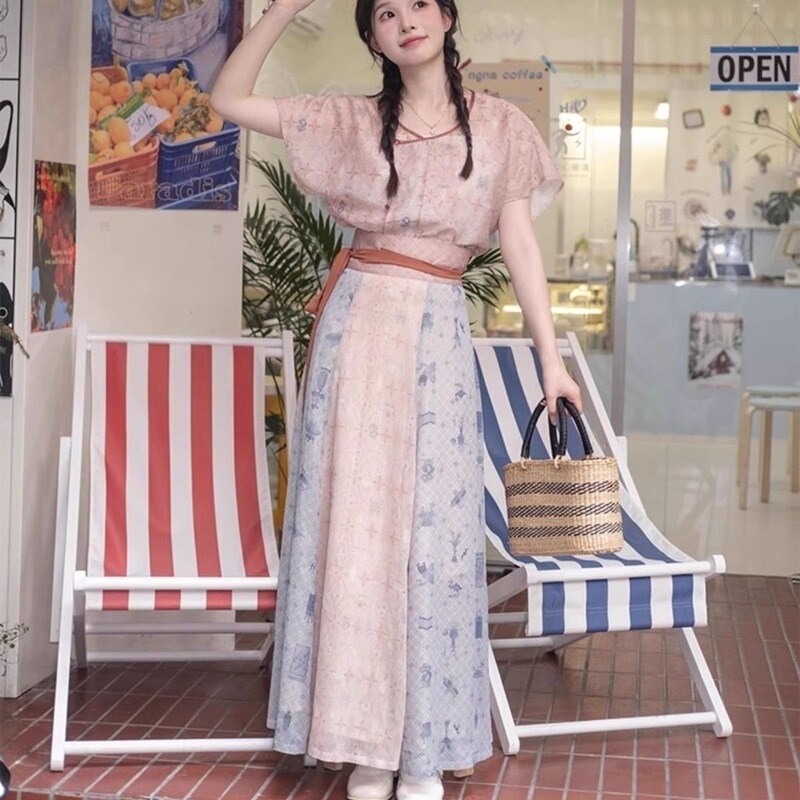 July Eve Hanfu Collection: Retro Floral Tang Style Skirt and Han Elements Set for Women, Summer Edition