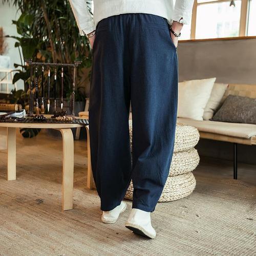 Summer and Autumn Chinese Style Men's Pants Linen Casual Loose Plus Size Fat Boy Wide Leg Pants Practice Cotton Linen Lantern Pants
