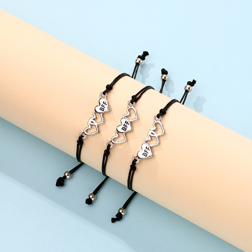 Cross-border New BFF Heart-Shaped Bracelets: 3-Piece Set of Simple European & American-Style Alloy Bracelets, Handcrafted with Waxed Cord Weaving—Wholesale Price