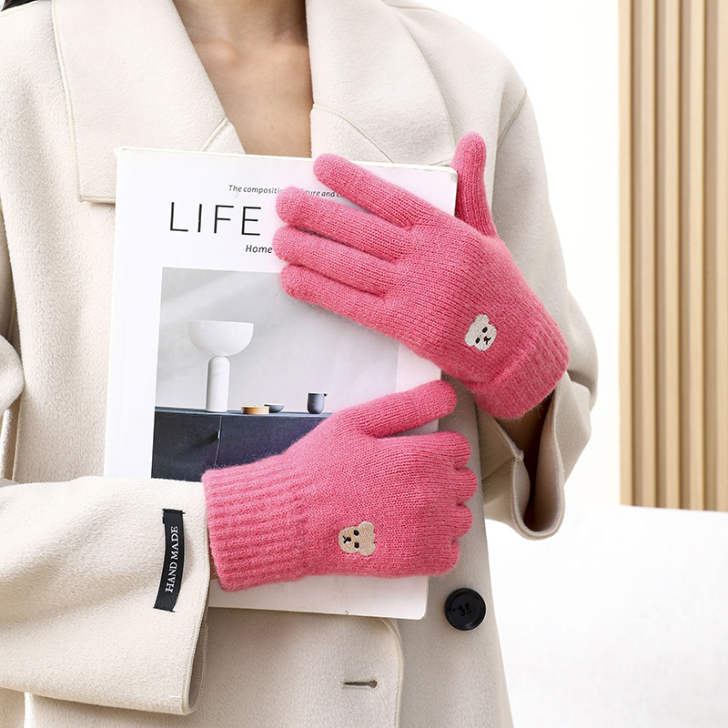 新しい冬の保温かわいいタッチパネルとベルベットの厚い手袋秋冬成人毛銭五本指刺繍露指手袋|undefined