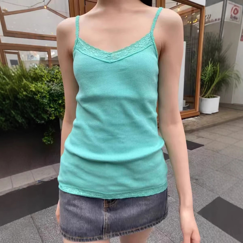 Bm Style New Green Lace-Trimmed Halter Top for Women, Versatile American-Style Spicy Girl Slim-Fit Tank Top for Outerwear Bm Style New Green Lace-Trimmed Halter Top for Women, Versatile American-Style Spicy Girl Slim-Fit Tank Top for Outerwear