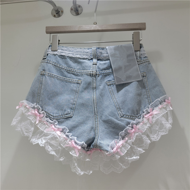 Shorts de Mezclilla con Encaje para Mujer con Lazo Decorativo
